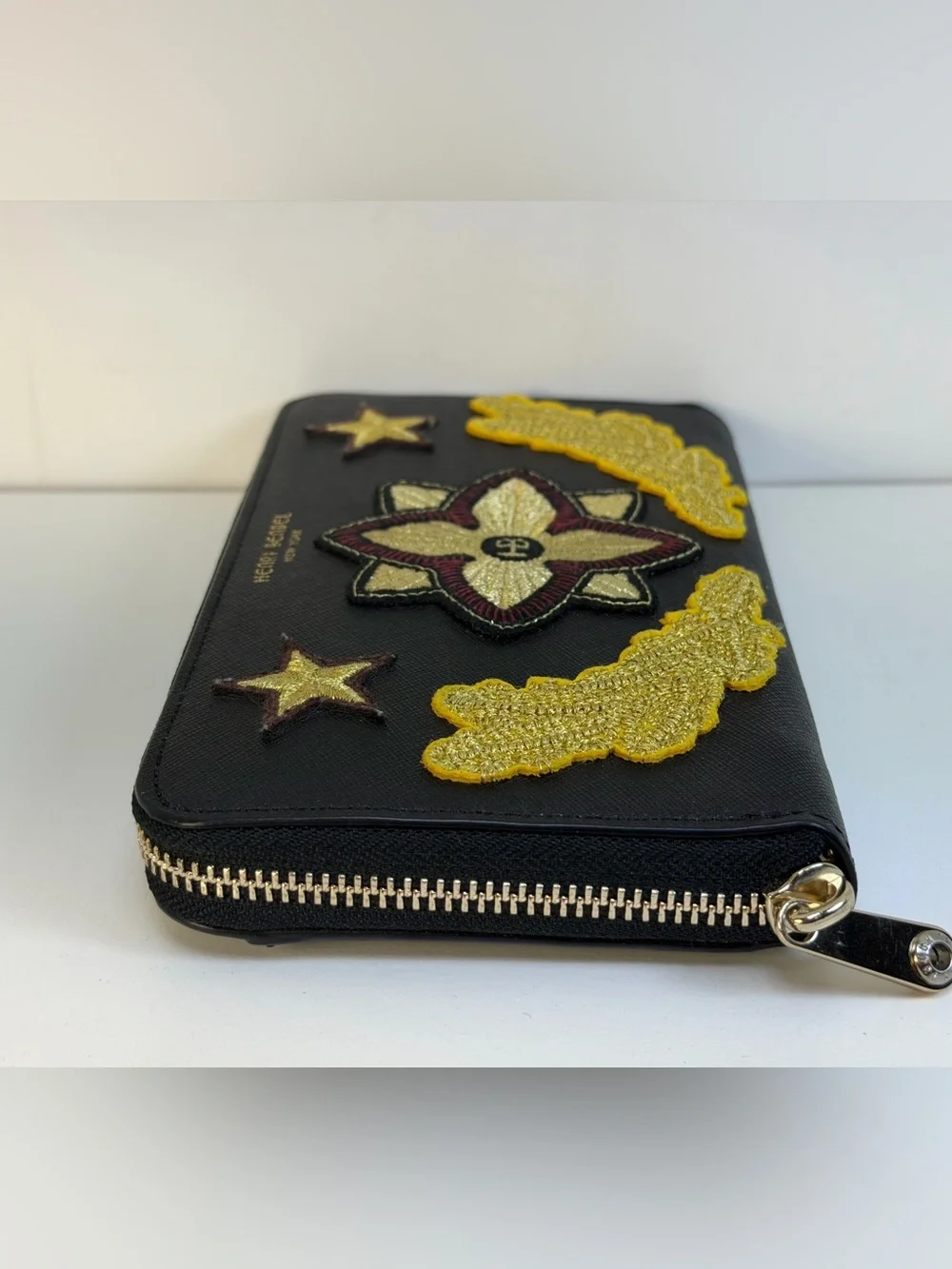 Henri Bendel Military Patches Saffiano Leather Zippy Wallet Rare Limited